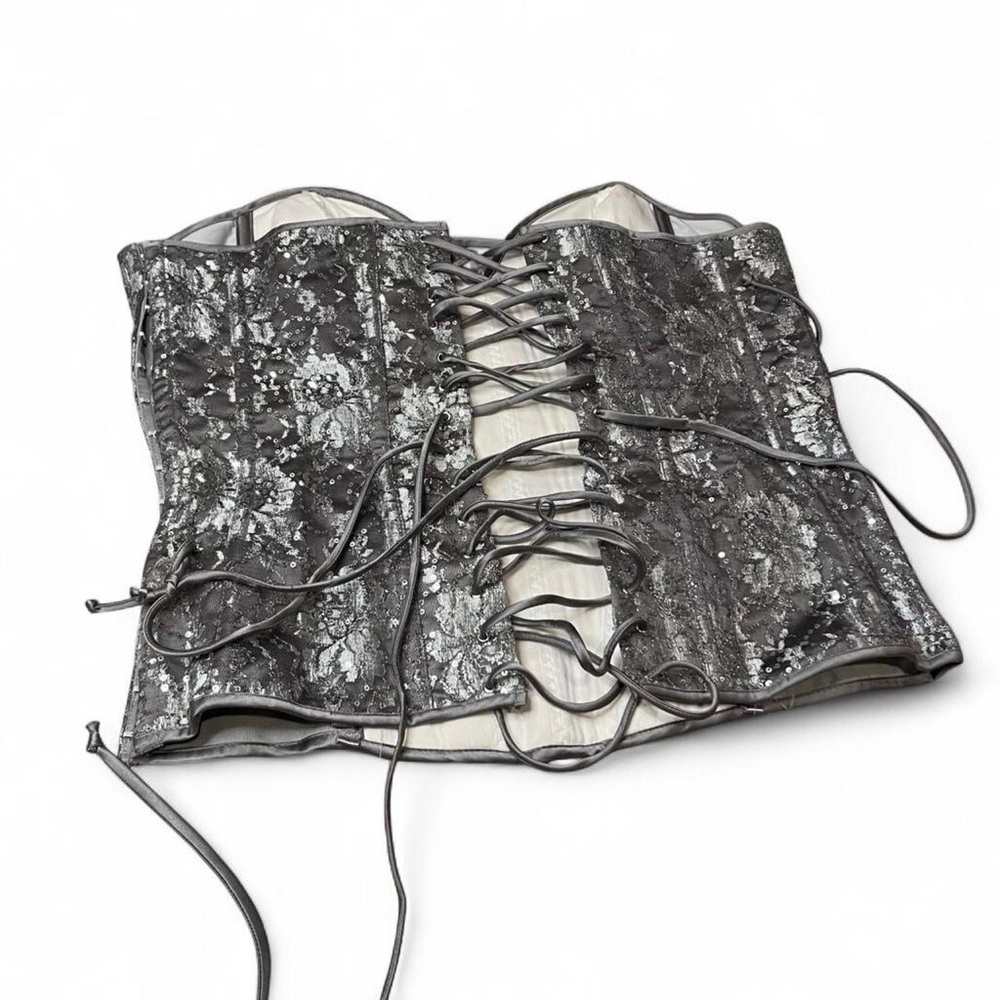 Intimate Attitudes gothic fairy silver and grey sequin metallic lace up corset